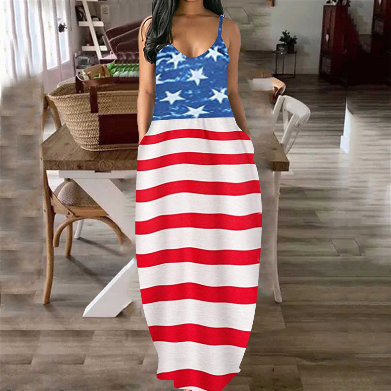 Ladies' Independence Day Deep V Sling Print Dress - One Red Hill
